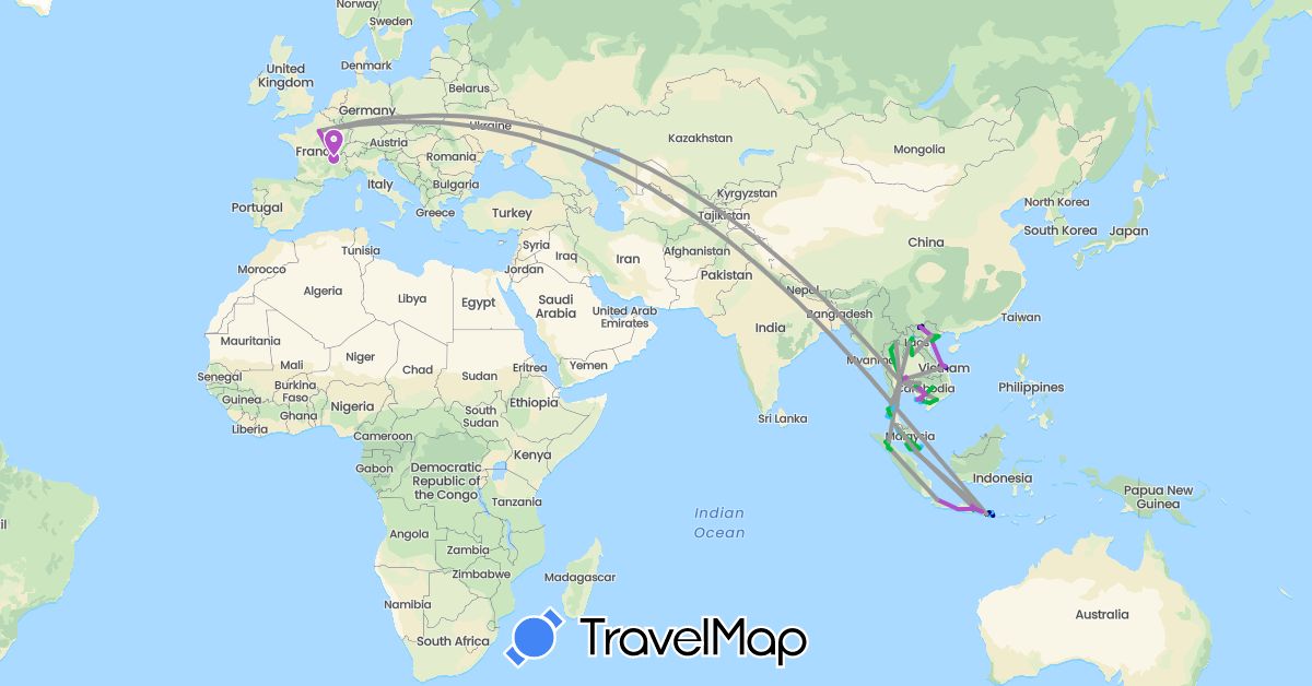 TravelMap itinerary: driving, bus, plane, train, boat in France, Indonesia, Cambodia, Laos, Malaysia, Singapore, Thailand, Vietnam (Asia, Europe)